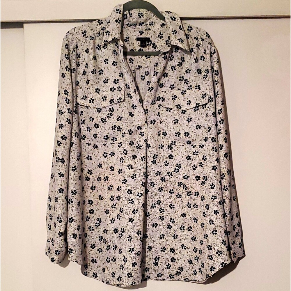 Ann Taylor Women's XL Long Sleeve Collared Button Floral Blouse White